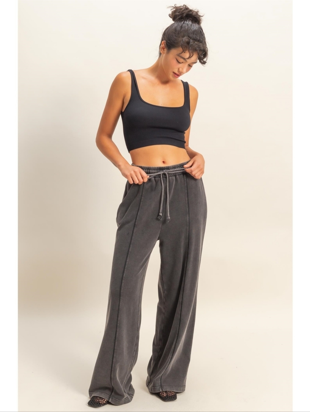 Double Zero Charcoal Black Cotton Blend French Terry Wide Leg Acid Wash Joggers - Picture 4 of 6